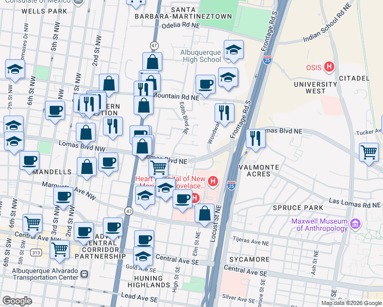 map of restaurants, bars, coffee shops, grocery stores, and more near 900 Edith Boulevard Northeast in Albuquerque