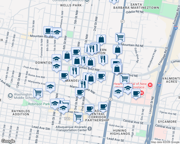 map of restaurants, bars, coffee shops, grocery stores, and more near 817 1st Street Northwest in Albuquerque