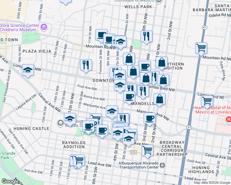 map of restaurants, bars, coffee shops, grocery stores, and more near 700 Lomas Boulevard Northwest in Albuquerque
