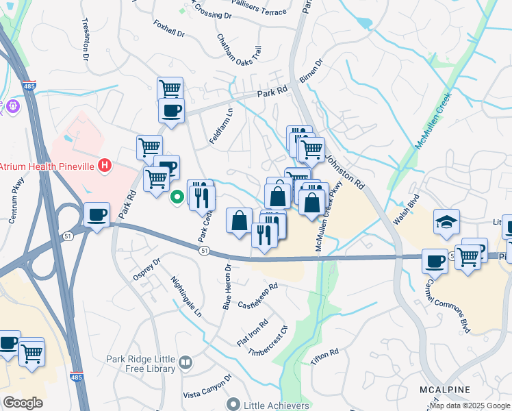map of restaurants, bars, coffee shops, grocery stores, and more near 10518 Kettering Drive in Charlotte