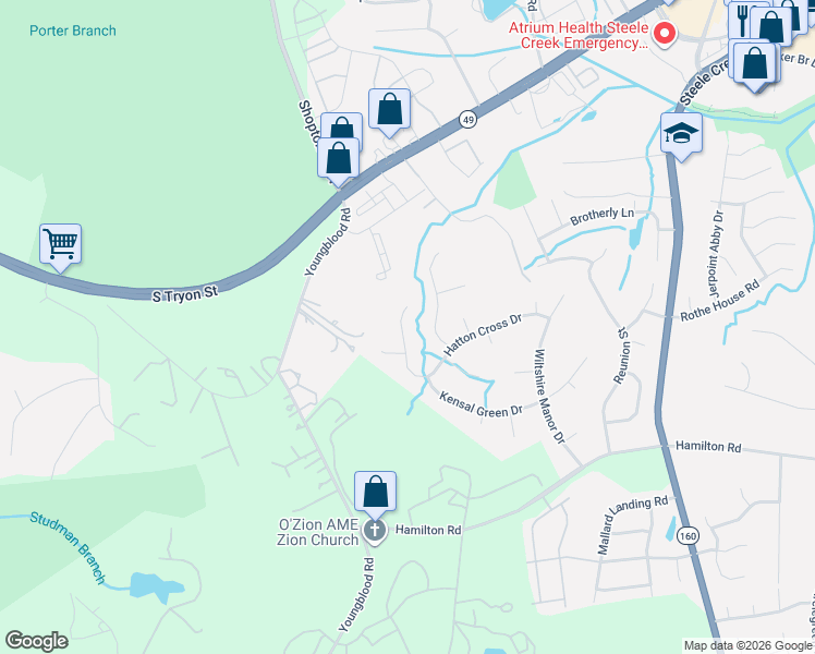 map of restaurants, bars, coffee shops, grocery stores, and more near 14043 Hatton Cross Drive in Charlotte