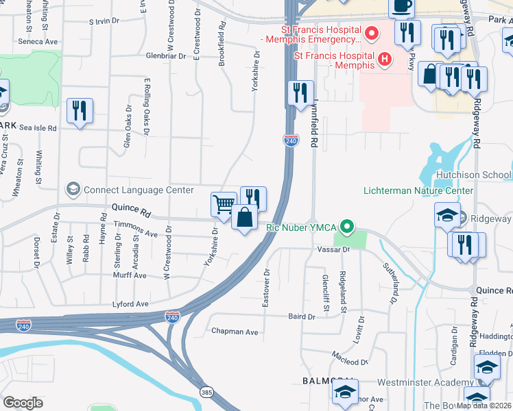 map of restaurants, bars, coffee shops, grocery stores, and more near 5721 Glenwild Avenue in Memphis