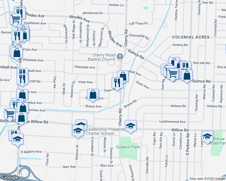 map of restaurants, bars, coffee shops, grocery stores, and more near 1494 Wanda Street in Memphis