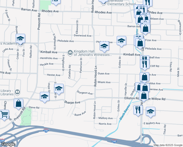 map of restaurants, bars, coffee shops, grocery stores, and more near 3680 Dunn Avenue in Memphis