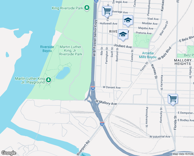 map of restaurants, bars, coffee shops, grocery stores, and more near 2076 Riverside Boulevard in Memphis