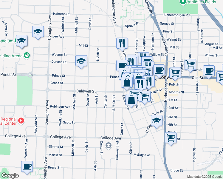 map of restaurants, bars, coffee shops, grocery stores, and more near 928 Center Street in Conway