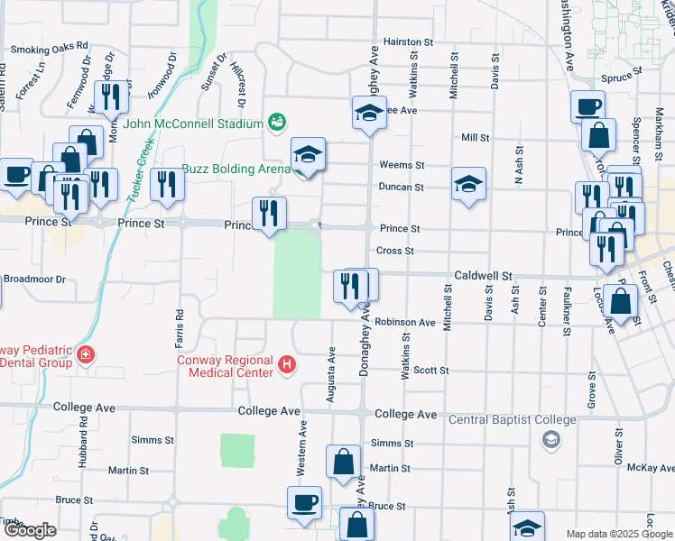 map of restaurants, bars, coffee shops, grocery stores, and more near 2140 Caldwell Street in Conway