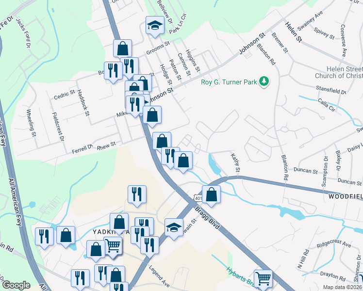 map of restaurants, bars, coffee shops, grocery stores, and more near 1154 Windham Court in Fayetteville