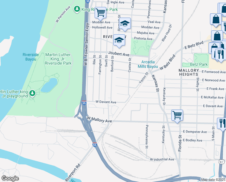 map of restaurants, bars, coffee shops, grocery stores, and more near 2100 Benford Street in Memphis