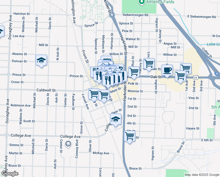 map of restaurants, bars, coffee shops, grocery stores, and more near 1011 Oak Street in Conway