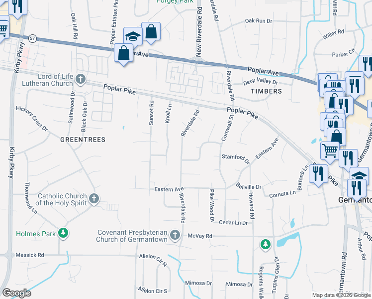 map of restaurants, bars, coffee shops, grocery stores, and more near 2148 Riverdale Road in Germantown