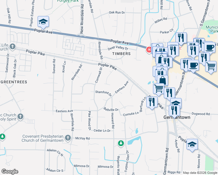 map of restaurants, bars, coffee shops, grocery stores, and more near 2126 Rolling Valley Drive in Germantown