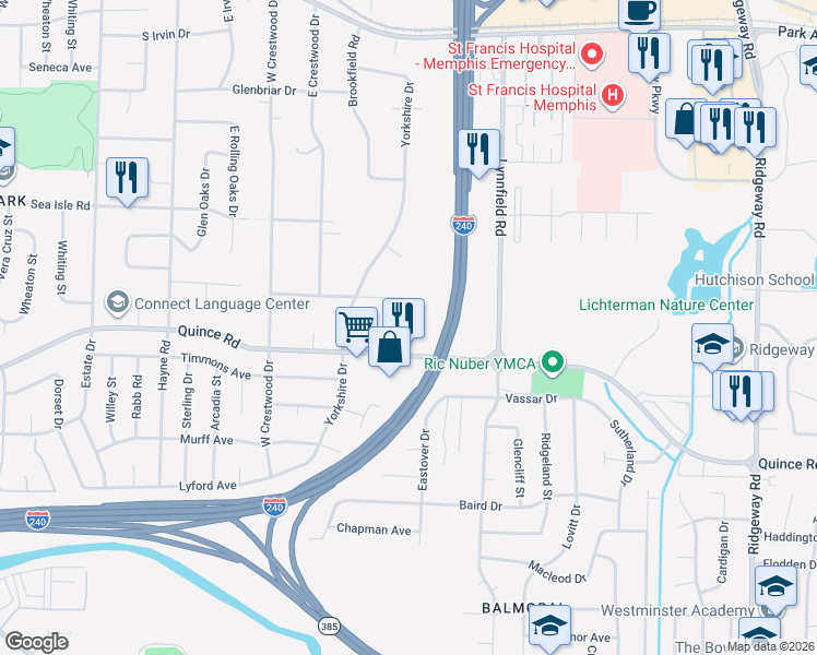 map of restaurants, bars, coffee shops, grocery stores, and more near 5721 Glenwild Avenue in Memphis