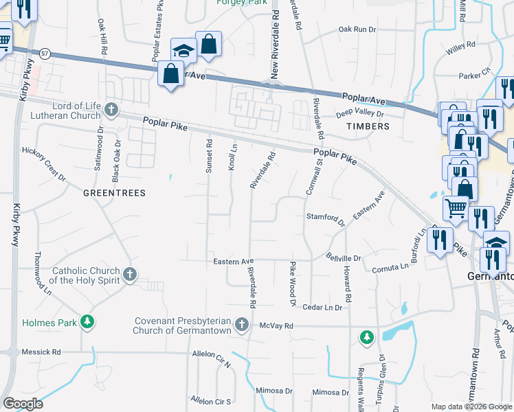 map of restaurants, bars, coffee shops, grocery stores, and more near 2148 Riverdale Road in Germantown