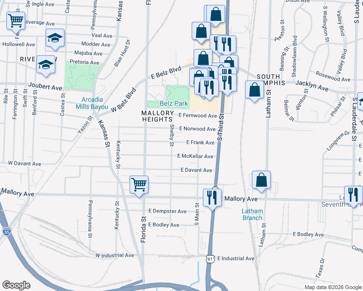 map of restaurants, bars, coffee shops, grocery stores, and more near 95 East Frank Avenue in Memphis