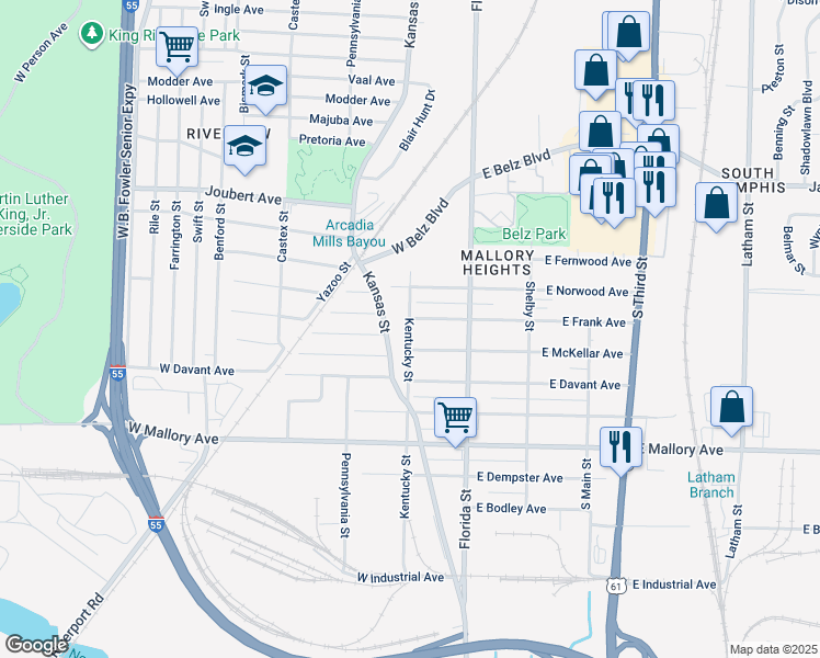 map of restaurants, bars, coffee shops, grocery stores, and more near 50 West Frank Avenue in Memphis