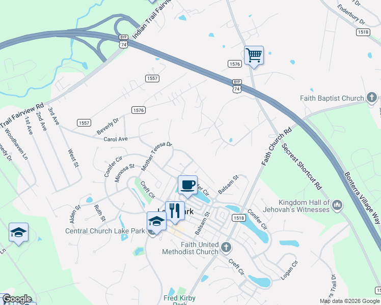 map of restaurants, bars, coffee shops, grocery stores, and more near 6312 Trevor Simpson Drive in Indian Trail
