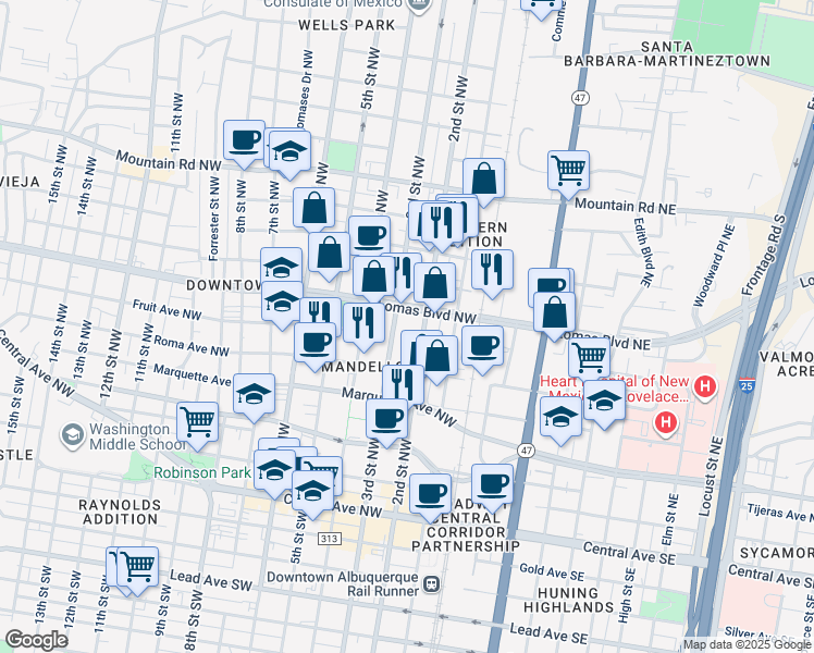 map of restaurants, bars, coffee shops, grocery stores, and more near 201 Lomas Boulevard Northwest in Albuquerque