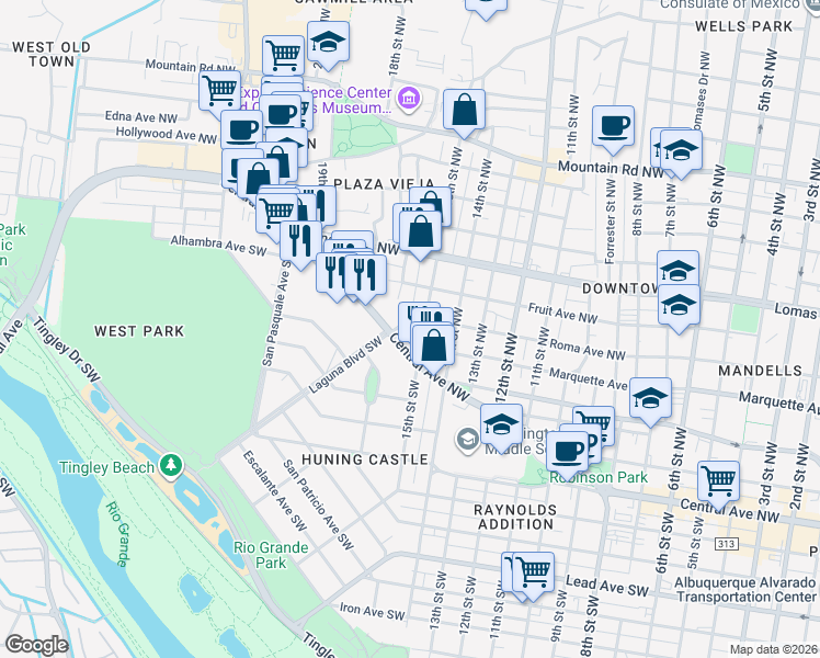 map of restaurants, bars, coffee shops, grocery stores, and more near 313 15th Street Southwest in Albuquerque
