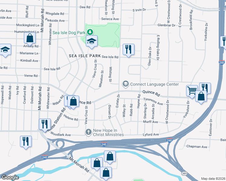 map of restaurants, bars, coffee shops, grocery stores, and more near 5304 Quince Road in Memphis