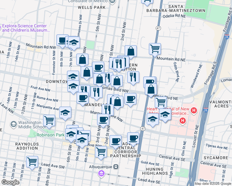 map of restaurants, bars, coffee shops, grocery stores, and more near 2400 2nd Street Northwest in Albuquerque