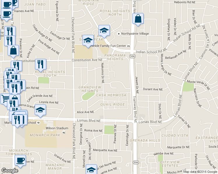 map of restaurants, bars, coffee shops, grocery stores, and more near 13103 Mountain Road Northeast in Albuquerque