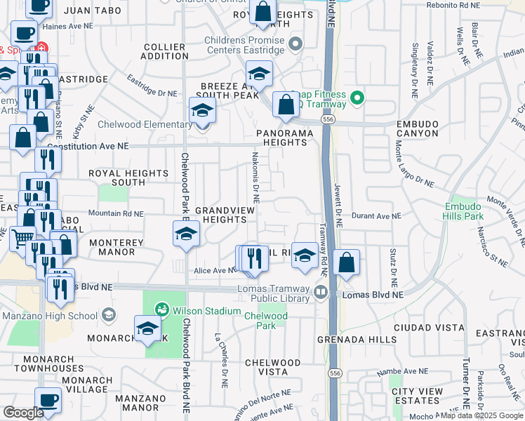 map of restaurants, bars, coffee shops, grocery stores, and more near 13103 Mountain Road Northeast in Albuquerque