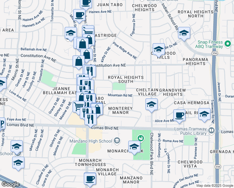 map of restaurants, bars, coffee shops, grocery stores, and more near 1115 Zena Lona Street in Albuquerque
