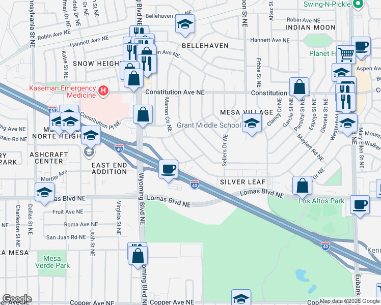 map of restaurants, bars, coffee shops, grocery stores, and more near 1125 Luthy Circle Northeast in Albuquerque