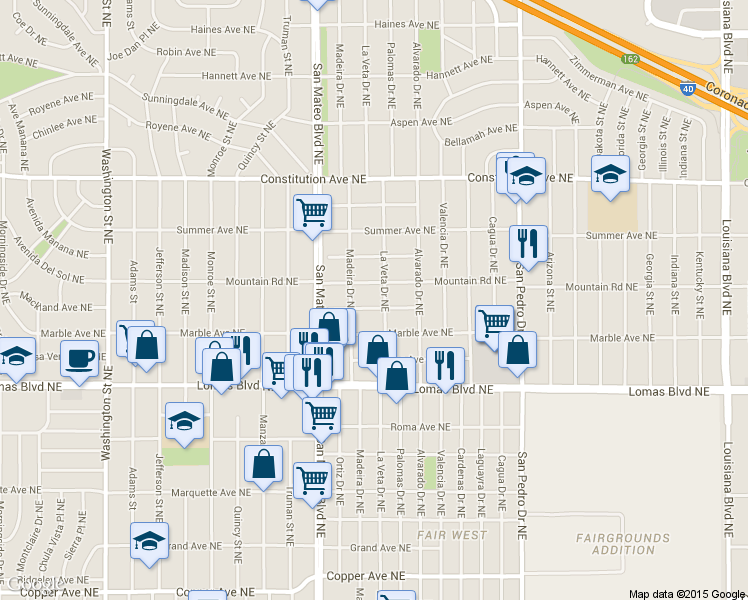 map of restaurants, bars, coffee shops, grocery stores, and more near 5412 Mountain Road Northeast in Albuquerque