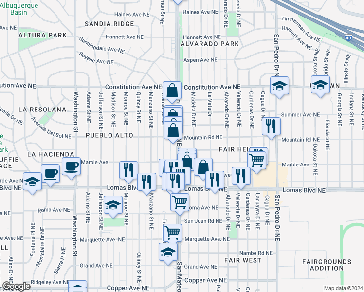 map of restaurants, bars, coffee shops, grocery stores, and more near 5312 Mountain Road Northeast in Albuquerque