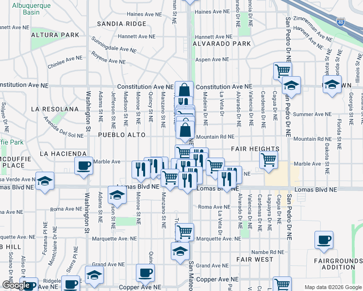 map of restaurants, bars, coffee shops, grocery stores, and more near 5204 Mountain Road Northeast in Albuquerque