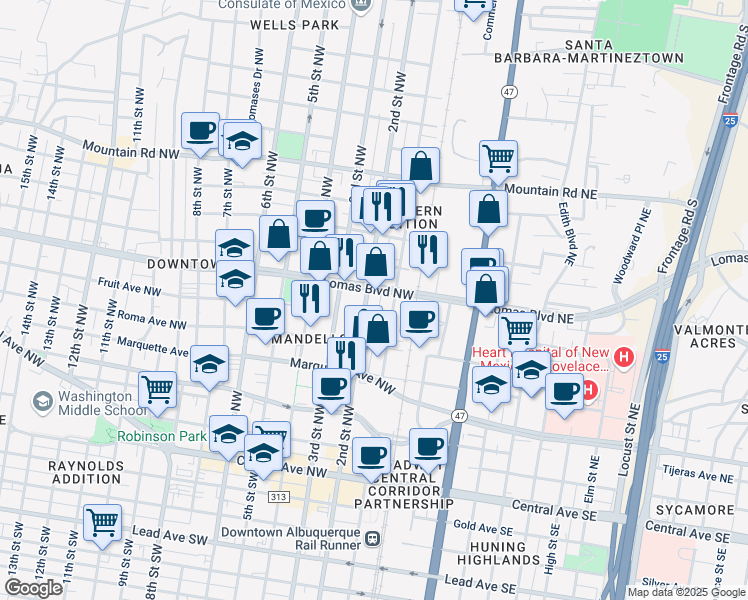 map of restaurants, bars, coffee shops, grocery stores, and more near 817 1st Street Northwest in Albuquerque