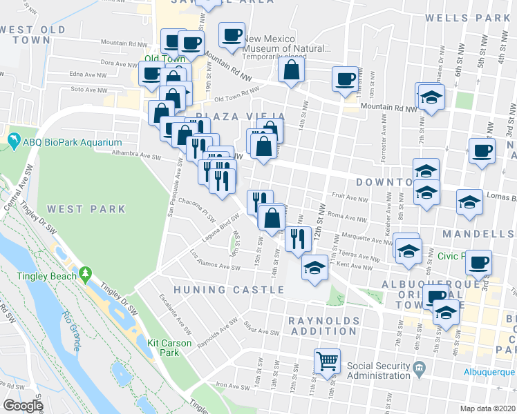 map of restaurants, bars, coffee shops, grocery stores, and more near 313 15th Street Southwest in Albuquerque