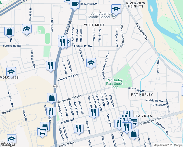 map of restaurants, bars, coffee shops, grocery stores, and more near 501 57th Street Northwest in Albuquerque
