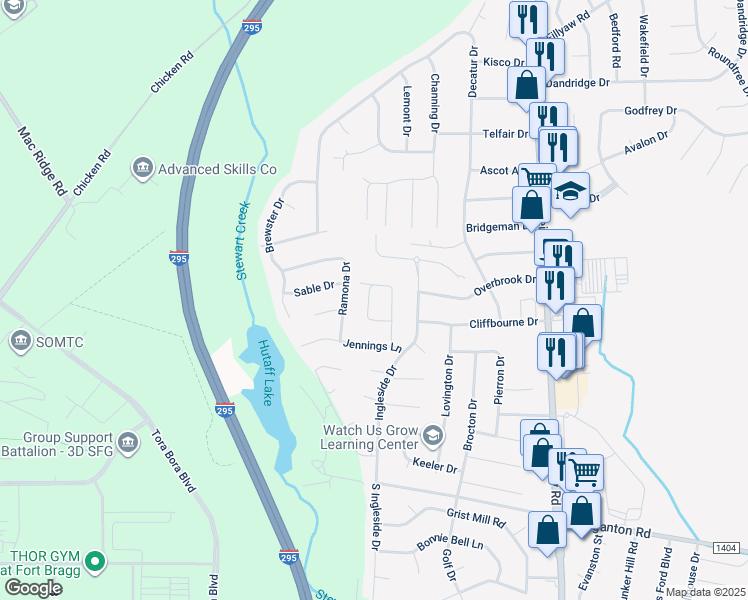map of restaurants, bars, coffee shops, grocery stores, and more near 296 Crabapple Circle in Fayetteville