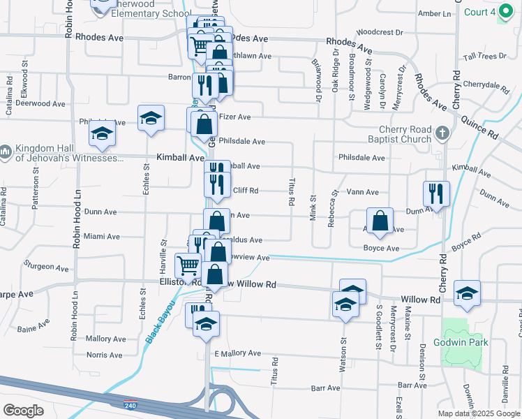 map of restaurants, bars, coffee shops, grocery stores, and more near 4039 Oak Cliff Road in Memphis