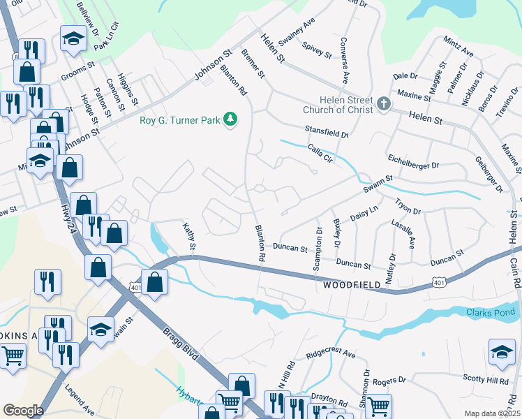 map of restaurants, bars, coffee shops, grocery stores, and more near 4418 Blanton Road in Fayetteville