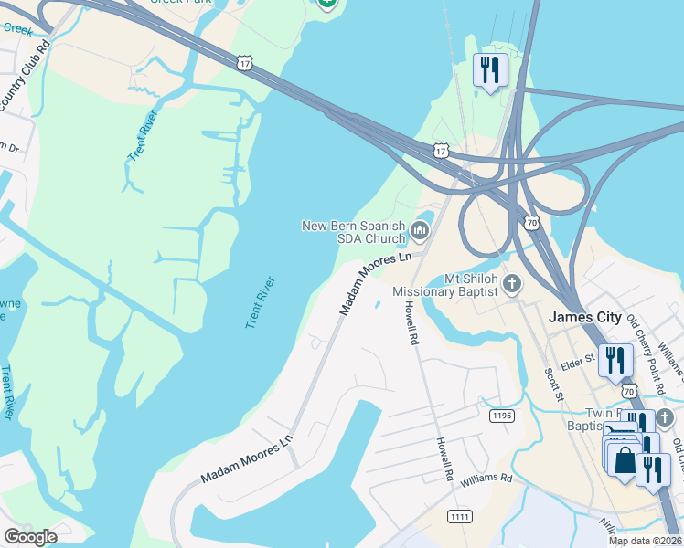map of restaurants, bars, coffee shops, grocery stores, and more near 304 Madam Moores Lane in New Bern
