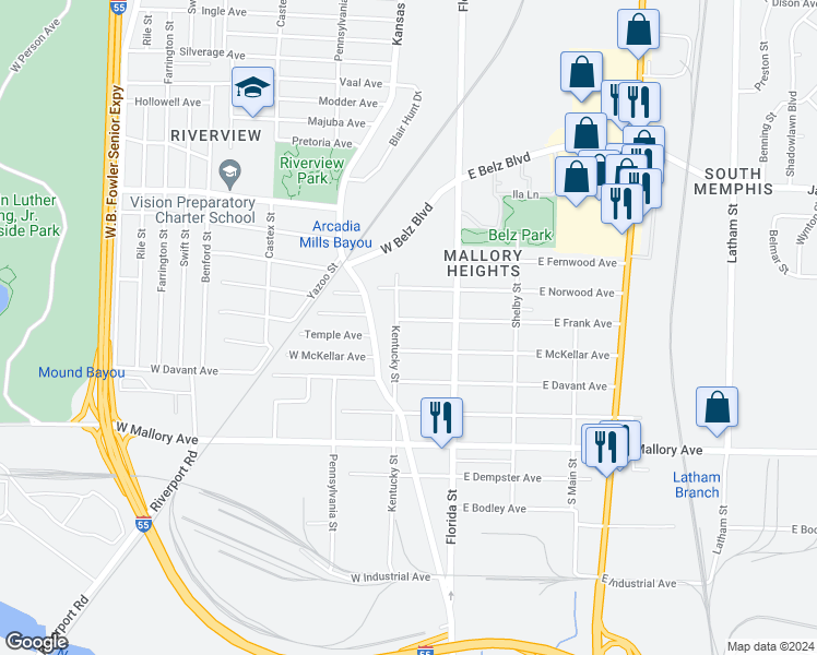 map of restaurants, bars, coffee shops, grocery stores, and more near 50 West Frank Avenue in Memphis