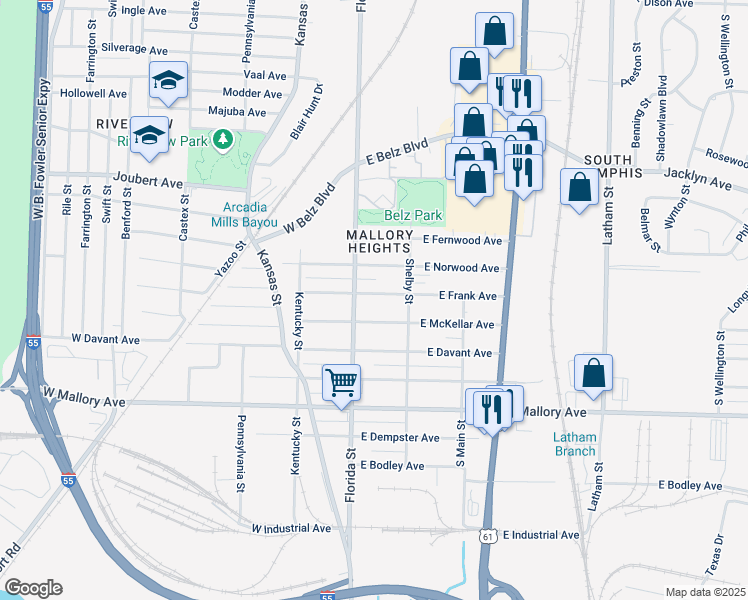 map of restaurants, bars, coffee shops, grocery stores, and more near 23 East Frank Avenue in Memphis