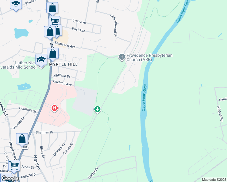 map of restaurants, bars, coffee shops, grocery stores, and more near 501 Stone Way Court in Fayetteville