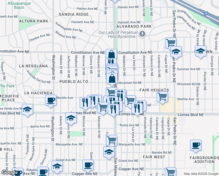 map of restaurants, bars, coffee shops, grocery stores, and more near 5204 Mountain Road Northeast in Albuquerque
