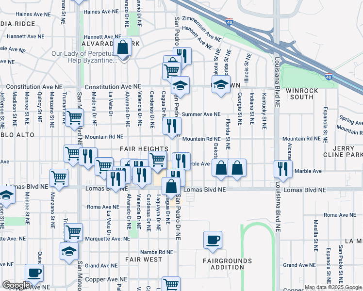 map of restaurants, bars, coffee shops, grocery stores, and more near 6313 Mountain Road Northeast in Albuquerque