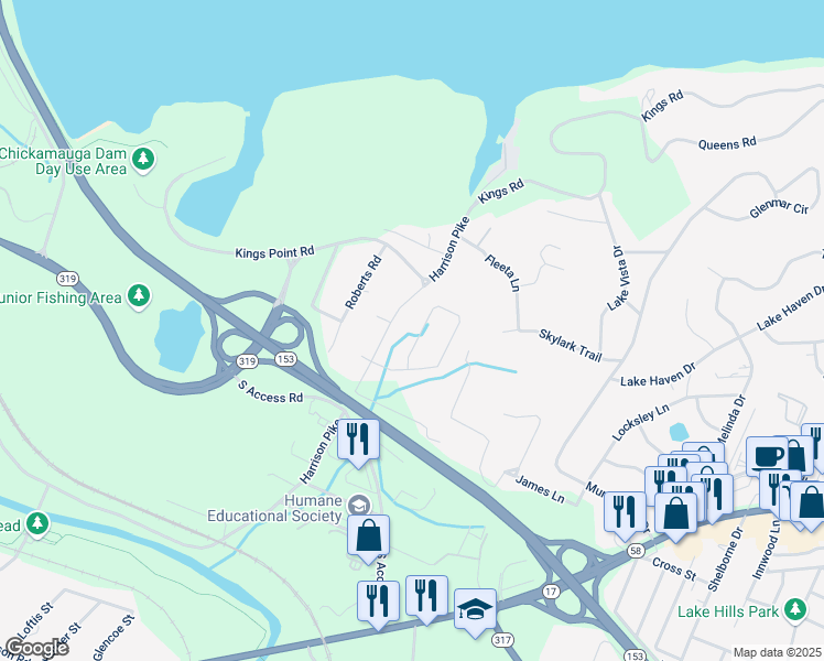 map of restaurants, bars, coffee shops, grocery stores, and more near 3327 Harrison Pike in Chattanooga