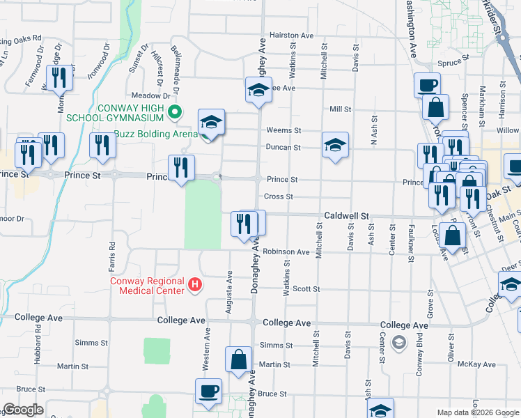map of restaurants, bars, coffee shops, grocery stores, and more near 915 Donaghey Avenue in Conway
