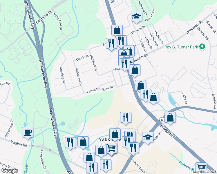 map of restaurants, bars, coffee shops, grocery stores, and more near 203 Gertrude Street in Fayetteville