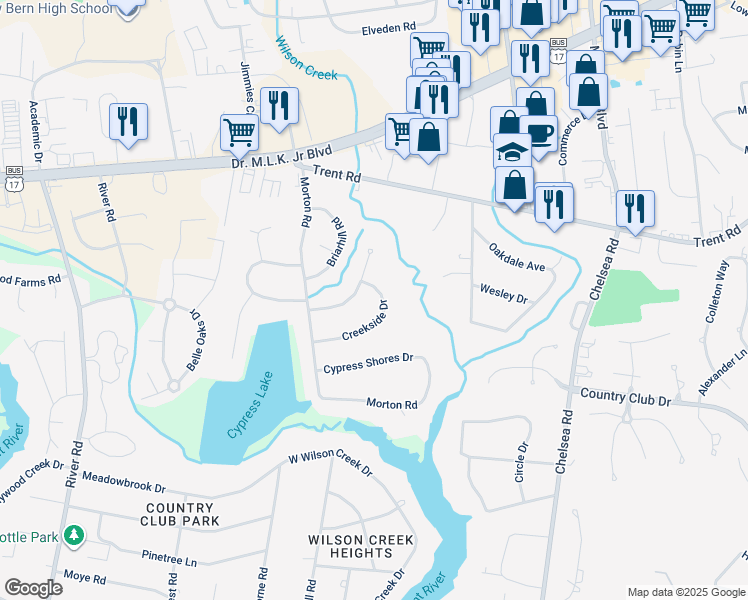 map of restaurants, bars, coffee shops, grocery stores, and more near 4801 Creekside Dr in New Bern
