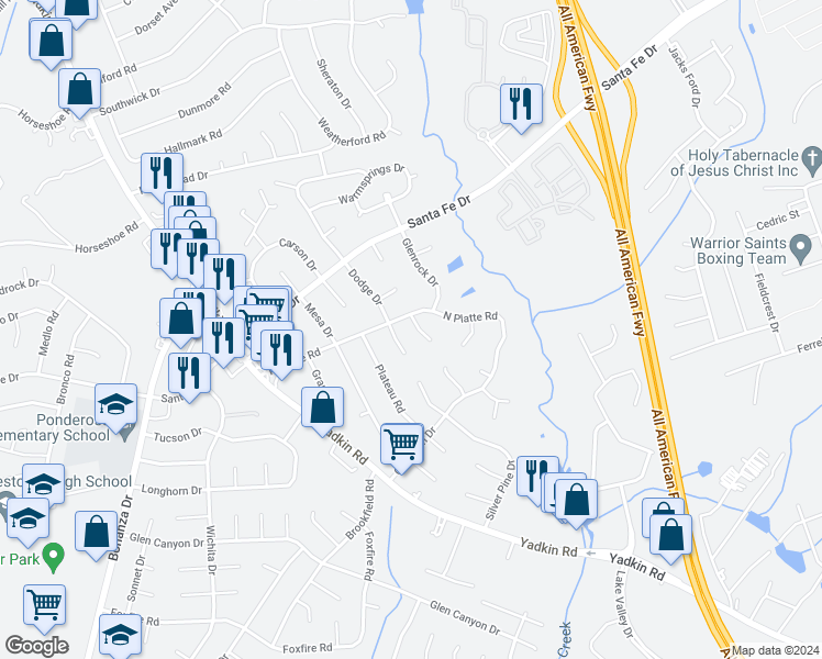 map of restaurants, bars, coffee shops, grocery stores, and more near 5457 Tempe Court in Fayetteville