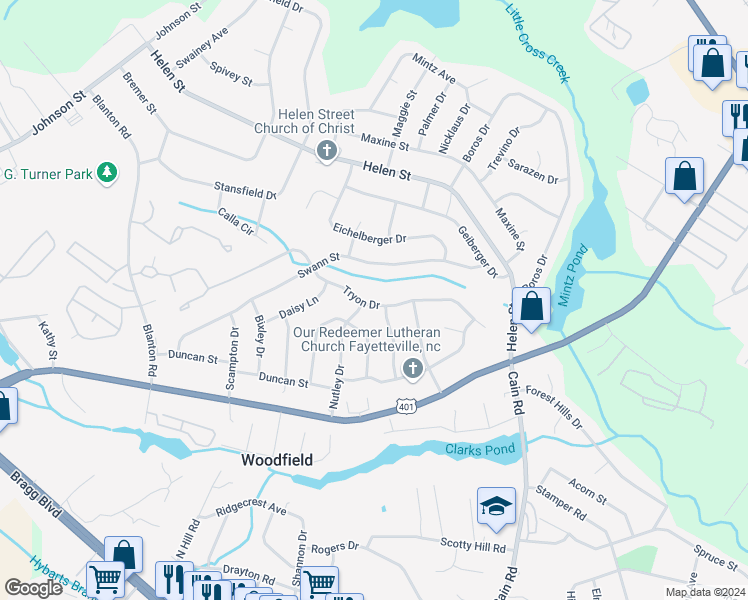 map of restaurants, bars, coffee shops, grocery stores, and more near 1678 Tryon Drive in Fayetteville